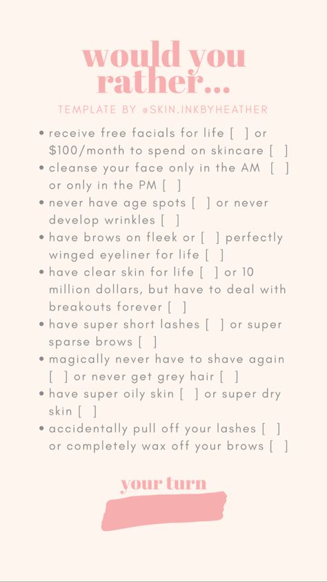 Instagram story template - skin and beauty @skin.inkbyheather Beauty Polls Instagram, Skincare Polls For Instagram Story, Skincare Questions Instagram, Instagram Polls, Ig Story Template, Esthetician Marketing, Would You Rather Questions, Question Cards, Brows On Fleek