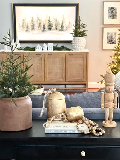 Neutral Christmas Tv Stand Decor, Decorate Inside Fireplace For Christmas, Neutral Christmas Living Room, Side Board Christmas Decor, Christmas Coffee Table Styling, Neutral Christmas Table Decor, Living Room Table Christmas Decor, Entertainment Center Christmas Decor, Organic Modern Christmas Decor