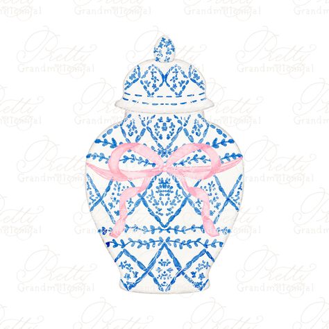 Ginger Jar Wallpaper, Chinoiserie Clipart, Ginger Jar Painting, Blue China Patterns, Jar Clipart, Grand Millenial, Watercolour Clipart, Chinoiserie Ginger Jars, Bow Clipart