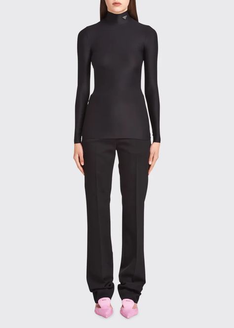 B6DZV Prada Jersey Turtleneck Top Prada Turtleneck, Aesthetic Prada, Jersey Turtleneck, Prada Collection, Turtleneck Bodysuit, Fitted Turtleneck, Prada Bags, Turtleneck Top, Stretch Top