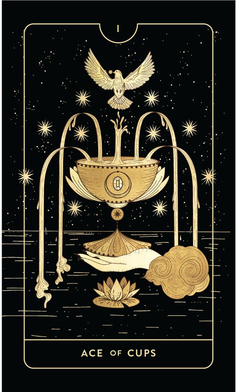 The Divine Feminine tarot deck. The Ace of Cups overflows with emotion and intuition. The Cups suit holds the waters of the heart, & the Ace is the first & purest taste of your endless capacity for emotion and love. This is the time to take note of unspoken feelings. Perhaps there is a new love or passion in your life, waiting to be gushed over. Maybe you have been avoiding a certain feeling because it’s too overwhelming. Open up to your emotions and intuition, because your inner rivers run deep Divine Feminine Tarot, Tarot Cards Art Illustration, Ace Of Cups, Astrology Calendar, Cups Tarot, Tarot Guide, Tarot Cards Art, Tarot Card Meanings, Minor Arcana