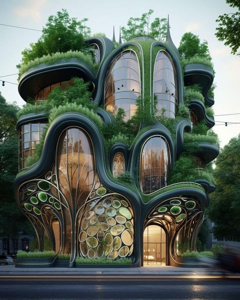 Modern Hobbit House, Solar Punk Architecture, Magical Architecture, Crazy Houses, Glass Houses, Futuristic Home, Unusual Buildings, Unusual Homes, Art Nouveau Architecture