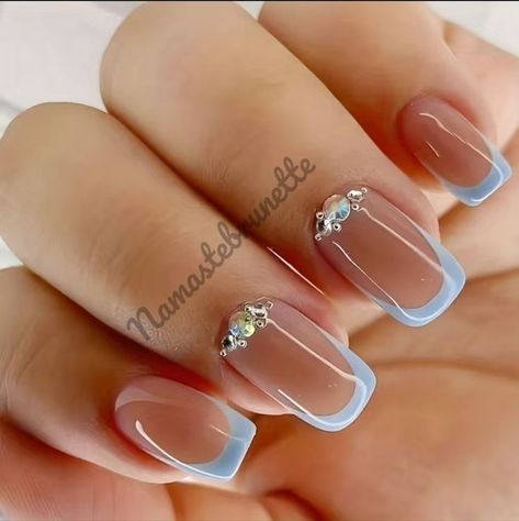 Short Nail Designs With Rhinestones Gems, Blue French Manicure, Length Nails, Pattern Nails, Nails Shape, Lovely Nails, Lady Fingers, Blue French, Short Nail