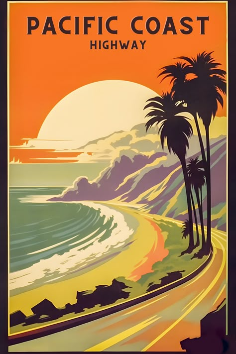 Vintage travel posters - high-quality and high-resolution downloadable prints. 1. DOWNLOAD 2. PRINT 3. FRAME Dimensions: 12x18, 16x24, 20x30, and 24x36 - 300 dpi (2300 x 3500) Aspect Ratio: 3:2 Vintage Vacation Posters, California Travel Poster, Old Travel Posters, Vintage Travel Ads, Travel Postcards Aesthetic, Vintage Posters Travel, Posters California, Poster Styles, Art Deco Travel Posters