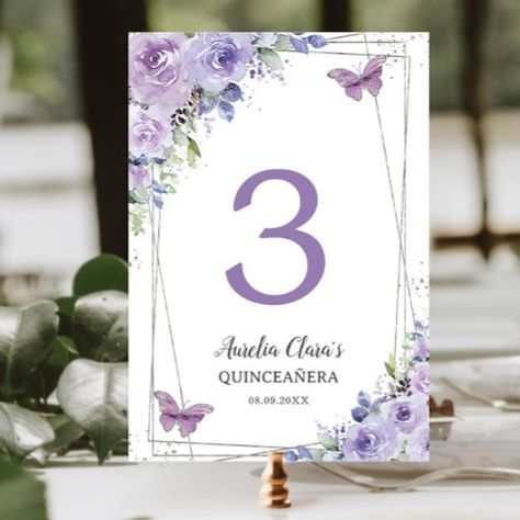 $1.3 | Quinceañera Purple Lilac Floral Silver Butterflies - mexican spanish latina, mis quince 15 anos template, elegant girly quinceanera, sweet 16 sixteen 16th birthday, quinceañera birthday table number cards, baby bridal shower wedding party, princess tiara crown butterflies, pastel light soft, modern silver glitter geometric, purple lilac lavender floral flowers Quinceañera Purple, Silver Butterflies, Lollipop Party, Quinceañera Ideas, Table Number Card, Mexican Spanish, Butterfly Table, Wedding Table Number Cards, Lilac Wedding