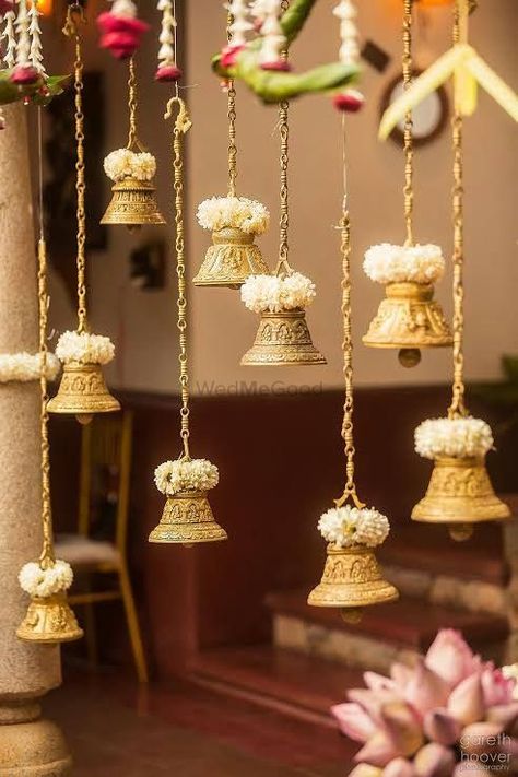 Ganpati Decoration At Home, Wedding Hall Decorations, Temple Bells, Indian Theme, Housewarming Decorations, Ganpati Decoration Design, Mandap Decor, Marriage Decoration, Desi Wedding Decor