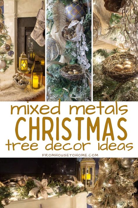 I love the mix of gold, silver and copper Christmas ornaments on this elegant Christmas tree. Very pretty Christmas decor for the living room. Copper Gold Silver Christmas Tree, Copper And Silver Christmas Tree, Metallics Christmas Decor, Mixed Metal Christmas Decor, White Silver Copper Christmas Tree, Green And Metallic Christmas Tree, Mixed Metallic Christmas Tree, Green Gold And Silver Christmas Tree, Mixed Metals Christmas Decor