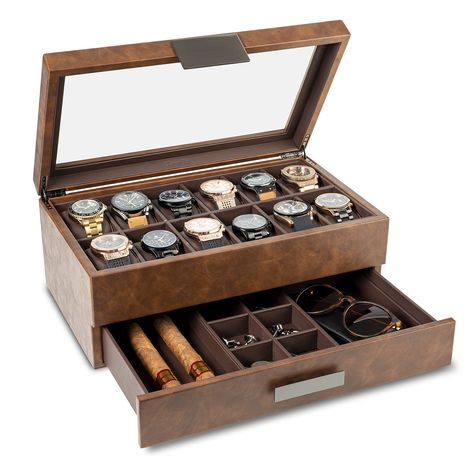 PRICES MAY VARY. 12 LARGE COMPARTMENTS- Each watch cushion holds a small or large watch neatly in place . There is plenty of space between the lid and cushions to accommodate watches of all size. VALET provides more space to keep your cufflinks, rings, tie clips, sunglasses, pens, money, cards or your watch tools. UNIQUE,CONVENIENT & ATTRACTIVE DESIGN - Glenor Co. Watch Box boasts a unique , beautiful and a more convenient design than the other watch boxes out there. Our talented team of designe Watch Organizer, Watch Box, Storage Boxes, Mens Jewelry, Jewelry Watches, For Men, Glass, Design