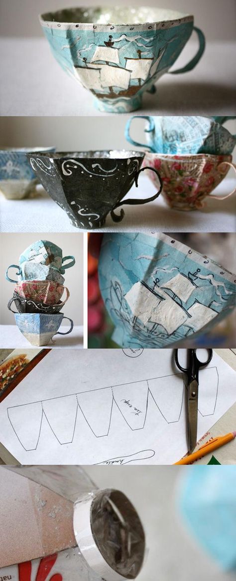 Paper Mache Teacup Pattern (w/link to tutorial) from craftuts.com Paper Tea Cups, Ann Wood, Folding Origami, Year 8, Diy Papier, Papel Mache, Box Template, Crafty Craft, Craft Time