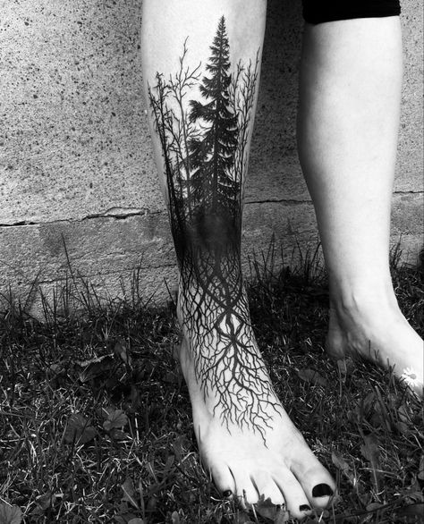 Forest Leg Tattoos Women, Roots On Feet Tattoo, Dark Ankle Tattoo Cover Up, Tree Shin Tattoo, Nature Shin Tattoo, Tree Silloutes Tattoo, Raven Shin Tattoo, Tree Climbing Tattoo, Tree Leg Tattoo For Women