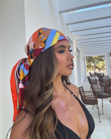 🧡✨🍒.. Print Bandanas! Www.sorelleuk.com Bathing Suits With Head Scarf, Head Scarf With Bathing Suit, Silk Bandana Hairstyles, Bandana On Head, Headscarf Outfit, Cruise Photoshoot, Outfit Bandana, Head Scarf Outfit, Bandana Head Scarf