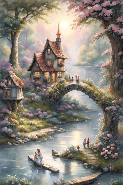 In a whimsical by voisard - Playground Fairy Tale Landscape, Fairytale Cottage, Art Frames, Painting Inspo, Fairytale Art, 1000 Piece Jigsaw Puzzles, Create Art, Image Generator, Enchanted Forest