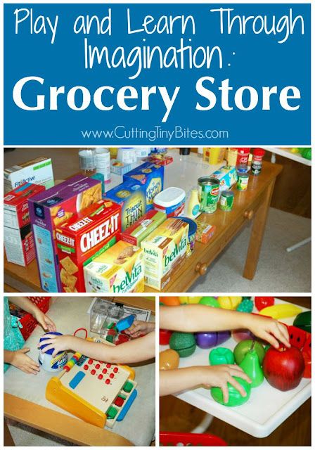 Play and Learn Through Imagination: Grocery Store. Imaginative or dramatic play idea for toddlers, preschoolers and early elementary. Grocery Store Dramatic Play, Dramatic Play Activities, Play Grocery Store, Tiny Bites, Dramatic Play Themes, Purposeful Play, Dramatic Play Preschool, Dramatic Play Area, Dramatic Play Centers