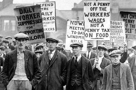 Workers demonstrating during the General Strike of 1926. The General Strike was called by the Trade Union Congress in support of the miners who were facing pit closures or reduced wages / longer hours. The strike lasted 10 days and was unsuccessful with the UK Government keeping essential services running with volunteers (mainly drawn from the middle class). The miners remained on strike, but eventually were forced back to work in order to support their families. Urban Poverty, General Strike, Trade Union, Industrial Revolution, Working Class, British History, Back To Work, World History, Change The World