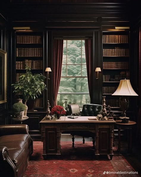 Dark Brown And Green Interior, English Library Office, Dark Wood Room Aesthetic, Dark Academia Aesthetic Office, Vintage Study Room, Moody Academia, Desk Vibes, Academia House, Victorian Study