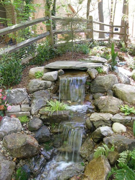 26 Eye-catching Pond Waterfall Ideas Yard Waterfall, Pondless Water Features, Outdoor Waterfalls, Garden Pond Design, Air Mancur, Outdoor Water Features, Garden Waterfall, Pond Waterfall, Backyard Water Feature