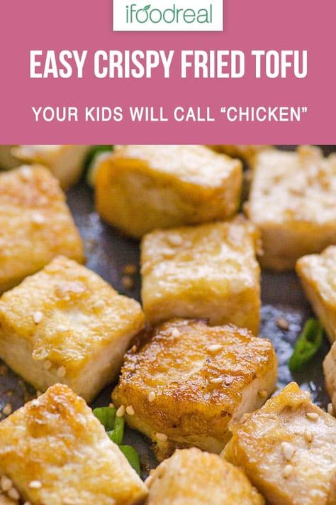 Your kids will call this easy 20 minute crispy pan fried tofu “chicken”. It’s that good! #ifoodreal #cleaneating #healthy #recipe #dinner Crispy Fried Tofu Recipe, Tofu Recipes Easy, Tofu Chicken, Pan Fried Tofu, Recipe Dinner, Crispy Tofu, Easy Meals For Kids, Fried Tofu, Vegetarian Snacks