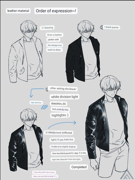 How To Color Clothing Digital Art, How To Render Leather Digital Art, Leather Coloring Tutorial, How To Paint Leather Digital, How To Draw Leather Jacket, Leather Jacket Drawing Reference, Jacket Reference Drawing, Jacket Off Shoulder Drawing Reference, Skin Shading Tutorial