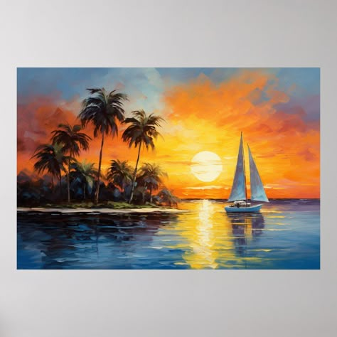 Sunset Boat Painting, Boat And Sunset, Sunrise Paintings, Sunrise Art Painting, Sunrise Oil Painting, Simple Oil Painting, Sunset Painting Acrylic, Easy Landscape Paintings, Florida Sunset