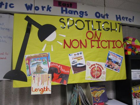 The Half Full Chronicles: SPOTLIGHT Bulletin Board Idea Nonfiction Bulletin Board Ideas, Spotlight Bulletin Board, Library Makeover, Hollywood Classroom, Book Bulletin Board, Hollywood Theme Classroom, Bulletin Boards Theme, Book Tasting, Reading Night