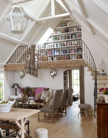 I have seen this image around a lot but I can't remember where I originally found it; in any case, I love the loft library here. Reading Loft, Asma Kat, Boho Hairstyle, White Loft, Eclectic Living Room, Loft Living, Rustic Cottage, Hus Inspiration, Design Del Prodotto