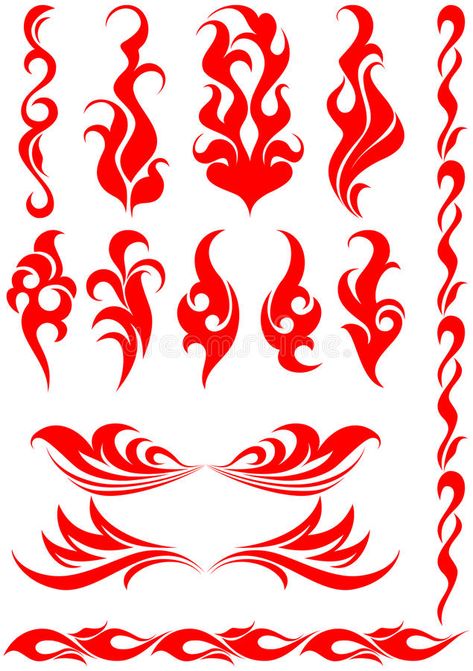 Decorative flame set vector illustration Japanese Fire Pattern, Flame Pattern Design, Fire Embroidery Designs, Fire Patterns Design, Flame Princess Tattoo, Flames Drawing, Flame Drawing, Flame Embroidery, Fire Pattern