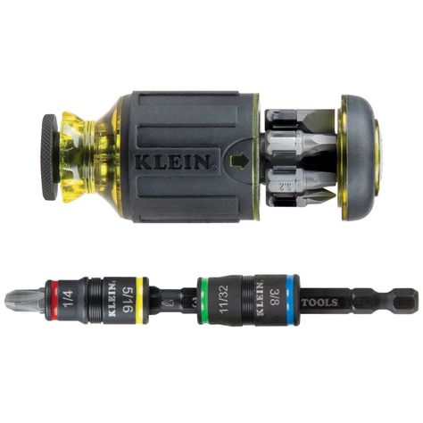 The Klein Tools 12-in-1 Impact Rated Stubby Driver Set functions both as a multi-bit screwdriver and impact driver attachment. Set includes two flip sockets containing a total of four different nut setter sizes, seven driver bits and a 1/4-Inch deep bit holding feature. Industrial-strength bits are conveniently housed in the Cushion-Grip™ handle which provides outstanding comfort and control. Klein Tools Bi-material Handle Multi-bit Multi Tool Screwdriver | 32308HD New Milwaukee Tools, Makita Tools, Festool Tools, Bosch Tools, Automotive Mechanic, Pocket Tool, Mechanic Tools, Klein Tools, Metal Working Tools