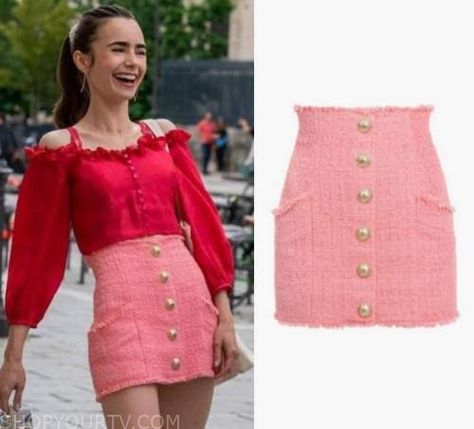 Emily in Paris: Season 2 Episode 7 Emily's Pink Tweed Skirt with Gold Button Front | Shop Your TV Pink Tweed Skirt Outfit, Tweed Skirt Outfit, Pink Tweed Skirt, Emily In Paris Fashion, Emily Cooper, Emily In Paris Outfits, Flared Skirt Dress, Worn On Tv, Outfit 2022