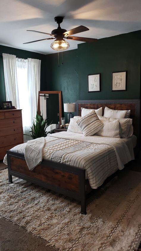 Dark Olive Green Bedroom Ideas, Forest Green Decor Bedroom, Curtains Green Bedroom, Teal Boho Bedroom Ideas, Bedroom Covers Bedding, Library Bedroom Master Suite, Dark Green Boho Bedroom Aesthetic, Moody Contemporary Bedroom, Dark Forest Green Bedroom