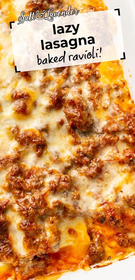 closeup of a baking dish with cheesy ravioli and text overlay that reads lazy lasagna - baked ravioli! Easy Baked Ravioli, Lazy Lasagna Recipe, Baked Ravioli Recipe, The Best Lasagna, Baked Ravioli, Black Color Hairstyles, Best Lasagna, Lazy Lasagna, Ravioli Bake