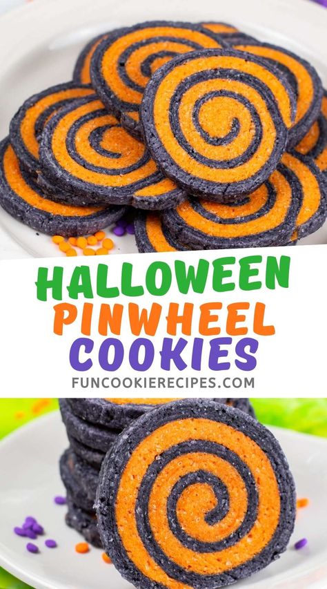 There's no doubt that these Halloween Pinwheel Cookies will be a huge hit for a Halloween Party. The perfect slice and bake sugar cookies! Halloween Pinwheel Cookies, Pinwheel Sugar Cookies, Bake Halloween, Upstate Ramblings, Halloween Cookie Recipes, Black Food Coloring, Pinwheel Cookies, Spooky Snacks, Cookies From Scratch