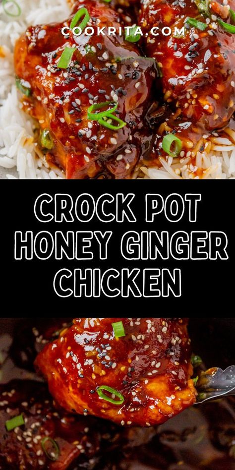 Crock Pot Honey Ginger Chicken Thighs Honey Garlic Chicken Crock Pot, Honey Soy Chicken Thighs, Honey Ginger Chicken, Sticky Chicken Thighs, Honey Chicken Thighs, Garlic Ginger Chicken, Ginger Chicken Recipes, Chicken Thigh Marinade, Honey Garlic Chicken Thighs