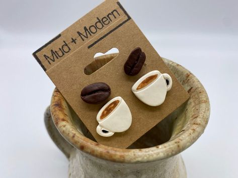 Handmade Polymer Clay Coffee Bean Food Stud Earrings Bean Earrings, Coffee Earring, Coffee Bean Earrings, Earrings Food, Polymer Clay Stud Earrings, Clay Stud Earrings, Polymer Clay Flower Jewelry, Diy Earrings Polymer Clay, Cute Stud Earrings