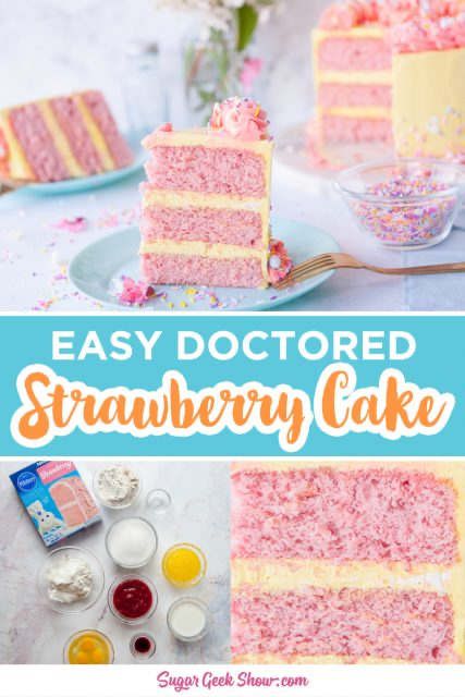 Strawberry Cake Mix Recipes, Doctored Cake Mix Recipes, Cake Mix Doctor, Delicious Strawberry Cake, Doctor Cake, Easy Buttercream Frosting, Sugar Geek, Strawberry Cake Easy, Strawberry Box