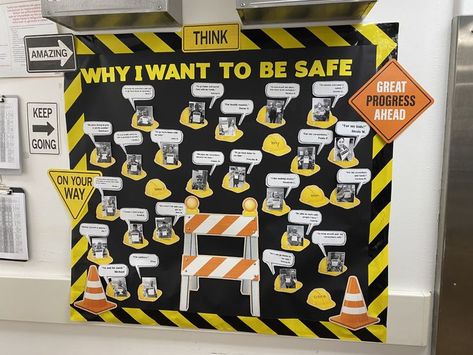 Employee safety board idea to promote safety in the workplace. Workplace Safety Activities, Workplace Safety Bulletin Boards, Employee Engagement Events, Safety In The Workplace, Nurse Bulletin Board, Safety Games, Safety Patrol, Creative Bulletin Boards, Safety Meeting