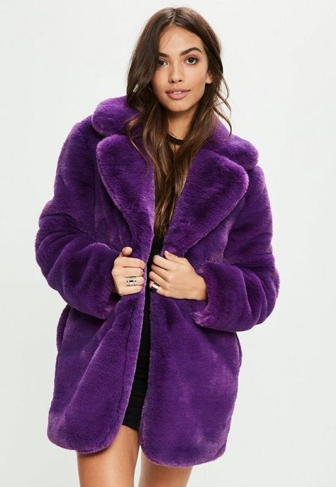 Purple faux fur coat featuring two front pockets, full lining and oversized collar. Purple Faux Fur Coat, Purple Fur Coat, Fur Outfit, Faux Fur Fashion, Vinyl Fashion, Purple Coat, Fluffy Jacket, Risk Taker, Fur Coats Women