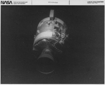 This view of the severely damaged Apollo 13 Service Module was photographed from the Lunar Module/Command Module following SM jettisoning. A... Dramatic Scene, Apollo Space Program, Oxygen Tank, Nasa Space Program, Apollo 11 Mission, Lunar Landing, Apollo 13, Apollo Program, Nasa Apollo