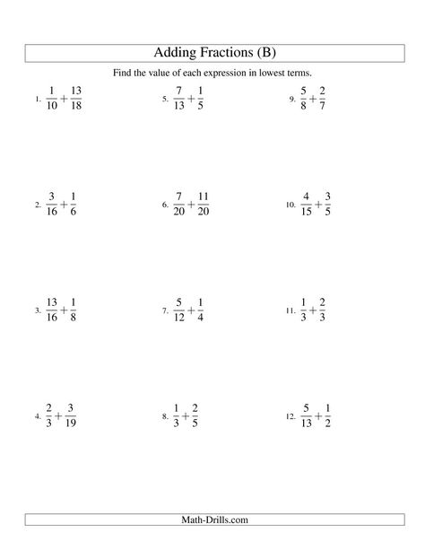 The Adding Fractions with Unlike Denominators (B) Math Worksheet from the Fractions Worksheets Page at Math-Drills.com. Fractions Worksheets Grade 4, Multiplying Fractions Worksheets, Fractions With Unlike Denominators, Math Fractions Worksheets, Proper Fractions, Handwriting Worksheet, Add And Subtract Fractions, Simplifying Fractions, Adding Fractions