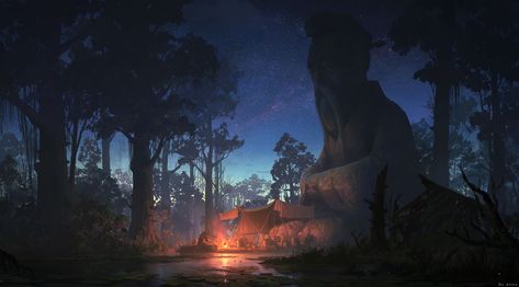 ArtStation - To camp, lok du Third Impact, Fantasy Night, Wallpaper Fantasy, Forest Camp, Forest Illustration, Wallpaper Image, Fantasy Male, 4k Wallpaper, Fantasy Art Landscapes