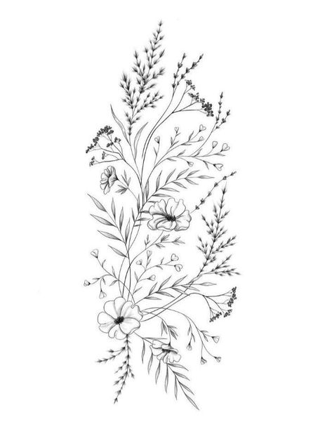 Floral Motives Design, Ivy Wrap Tattoo, Botanical Ornamental Tattoo, Wild Grass Tattoo, Wild Flower Tattoo Designs, Cute Floral Tattoos, Wild Flower Sleeve Tattoo, Wilderness Tattoo Sleeve, Fern And Flower Tattoo