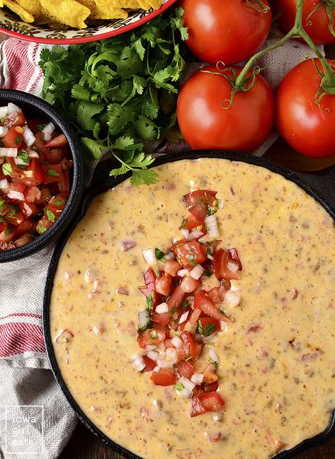 Chorizo Queso Dip is made from just three ingredients! This creamy, cheesy, gluten free dip recipe will be the hit of your next tailgate party. Sponsored by Red Gold® Tomatoes. | iowagirleats.com #glutenfree Chorizo Queso Dip, Gluten Free Nachos, Chorizo Appetizer, Chorizo Queso, Gluten Free Dips, How To Cook Chorizo, Fruit Dips Recipes, Party Cooking, Iowa Girl Eats