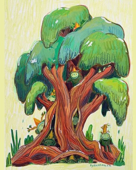 Digital Gouache Illustration, Trees Illustration Art, Cute Tree Illustration, Furrylittlepeach Art, Cute Tree Drawing, Tree Character Design, Katie Mai, Goblin Illustration, Tree Illustration Art