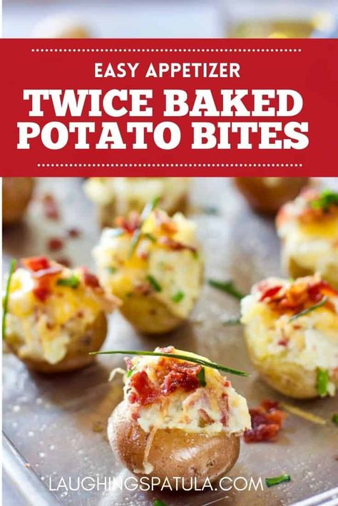 These easy to make Twice Baked Potato Bites will be the hit of your next party! Easy to double or triple the recipe and a great make ahead appetizer! #appetizer #easyappetizer #potato Twice Baked Potatoes Appetizer, Twice Baked Potato Appetizer, Mini Twice Baked Potatoes Appetizers, Twice Baked Potato Butter Balls, Small Potatoes Appetizer, Mini Potato Bites, Red Foods For Party Savory, Individual Potato Recipes, Small Twice Baked Potatoes