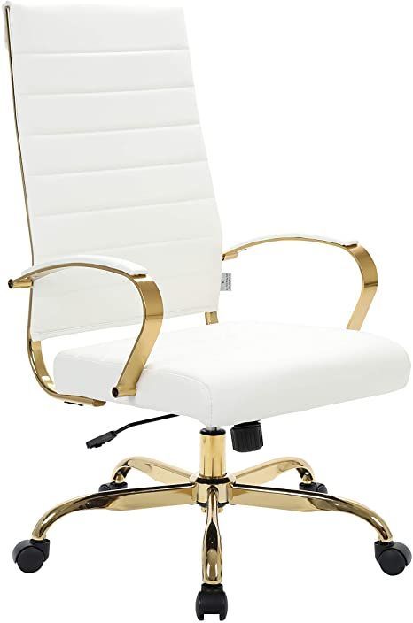 LeisureMod Benmar Modern High-Back Adjustable Swivel Leather Office Chair with Gold Frame (White) White And Gold Office, Gold Home Office, White Leather Office Chair, Gold Office Chair, Contemporary Office Space, Office Desk Chairs, High Back Office Chair, Contemporary Office, Desk Chairs