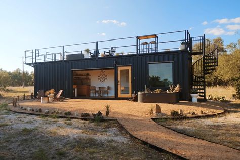 This Airbnb Shipping Container Home in Texas has its own Rooftop Deck with a hot tub and hammock - Yanko Design Spa Bathtub, Garage Door Styles, Garage Style, Shipping Container Home, Wooden Cabins, Casa Container, Shipping Container House, Rooftop Deck, Container Home