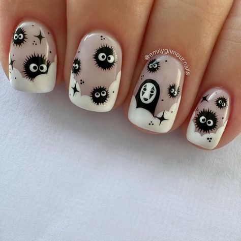 Snorlax Nail Art, No Face Nail Art, No Face Nails, Soot Sprite Nails, Studio Ghibli Nails, Ghibli Nails, Manicure For Short Nails, Nails Design Halloween, Halloween Manicure