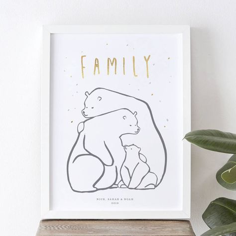 Personalized Family Print, Personalised Family Print, Bear Family, Family Painting, Family Illustration, Family Print, Gold Foil Print, Family Set, Small Cards