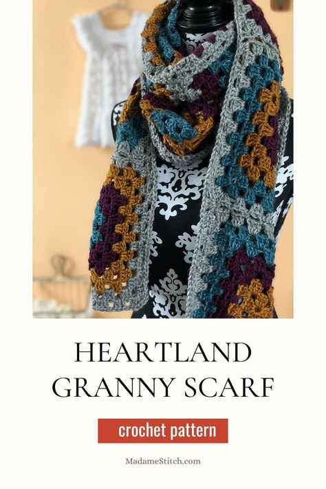 Crochet Granny Rectangle Shawl, Crochet Granny Square Scarf Scarves, Crochet Triangle Granny Scarf, Road Trip Scarf Crochet Pattern, Heartland Yarn Patterns, Granny Square Scarves, Crochet Free Scarf Patterns, Granny Scarf, Simple Granny Square