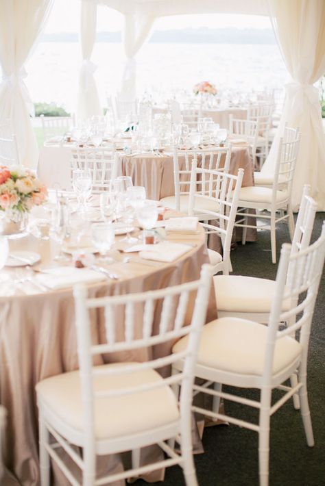 The white chiavari chairs look so pretty and effortless in this design. #chiavarichairs #whitechiavarichairs #chiavari #weddingtable #tabledecor Chavaria Chairs Wedding, Mahogany Chiavari Chairs Wedding, White Chiavari Chairs, Chiavari Chairs Wedding, Linen Inspiration, Chivari Chairs, Table Overlays, Chiavari Chairs