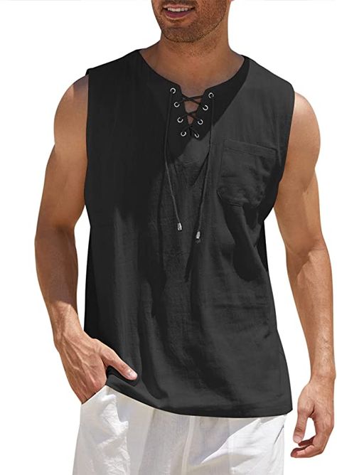 Mens Tank Tops Summer, Beach Hippie, Chaleco Casual, Lace Up Tank Top, Men Casual Summer, Hippie Tops, Linen Tank Top, Linen Tank, Cooler Look